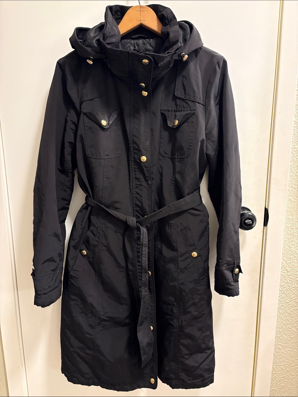 Ellen Tracy Black Hooded Belted Trench Coat
